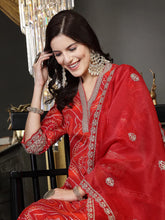 Women's Bandhani Print & Embroidered Muslin Straight Kurta Pant Dupatta Set-KPDREDBANNO